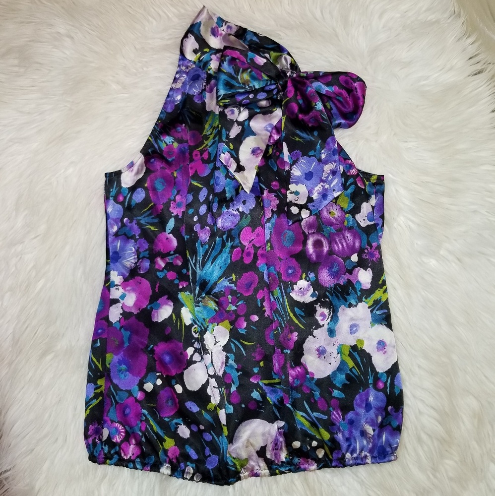 Allison Taylor Floral Satin Neck Tie Blouse